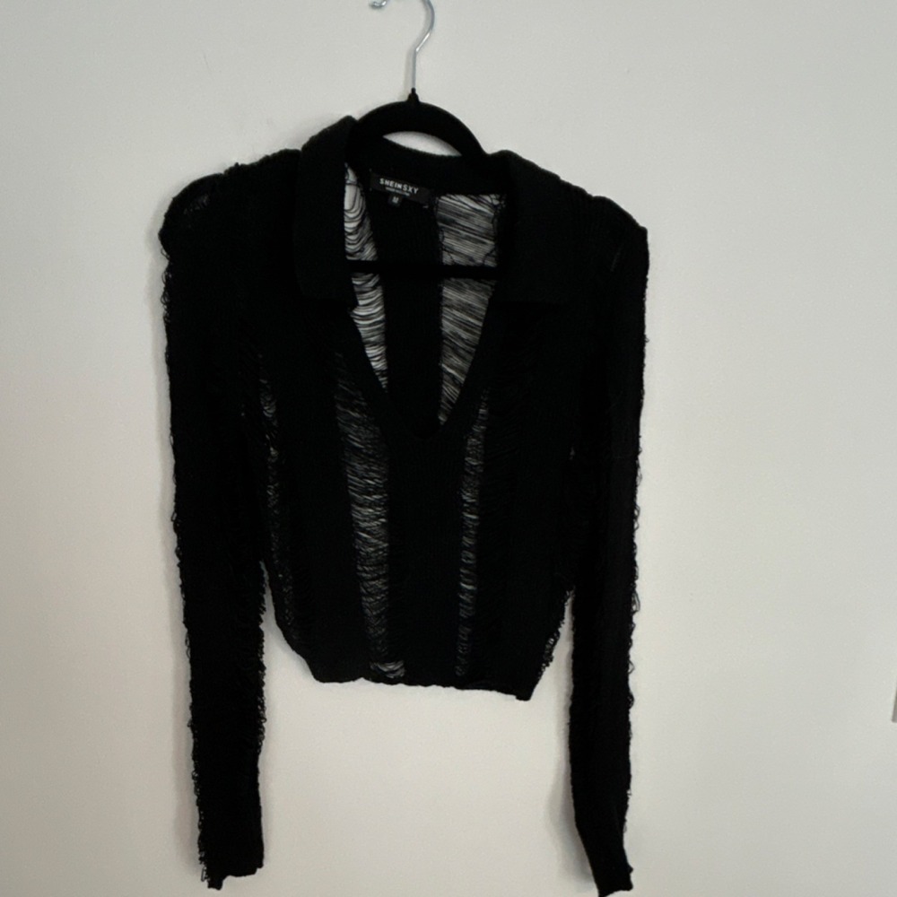 Womens Medium Black Distressed Knit V Neck Cropped‎ Pullover Sweater Top